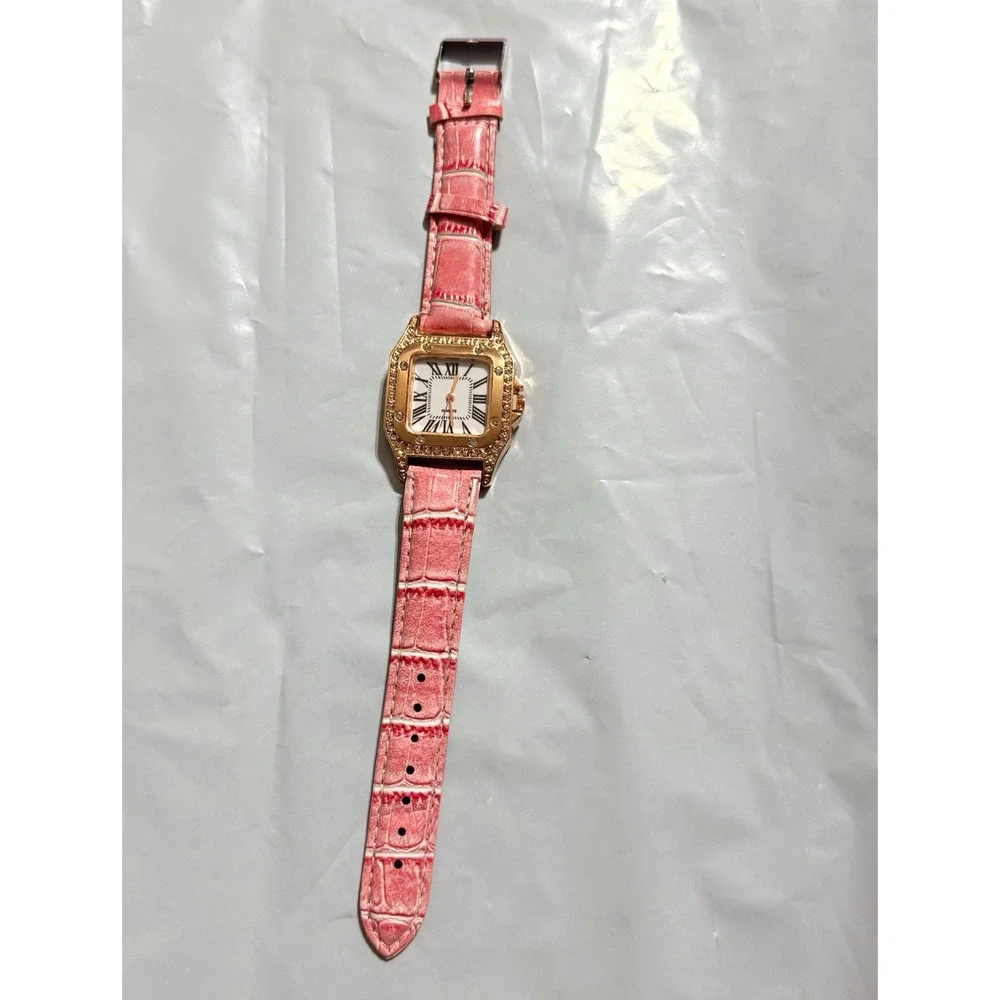 Moonya Women's Quartz Rectangle Watch Pink Faux Leather Strap White Roman Dial
